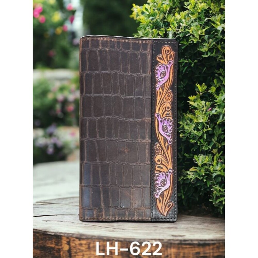Ladies Country Western Faux Gator Pattern Floral Edge Bifold Rodeo Wallet‎ Brown